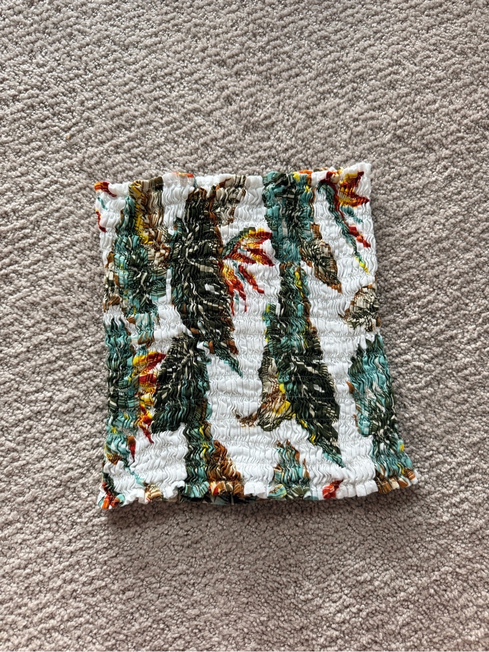 Bali White Smocked Tropical Print Crop Top with Green and Brown Leaves